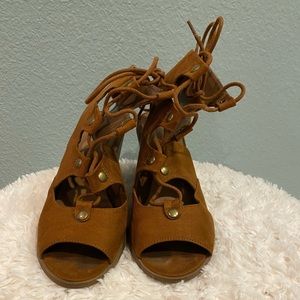 Brown suede block heels